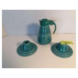 Homer Laughlin China Co Harlequin syrup dispenser and candle holders