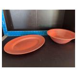 Homer Laughlin China Co Harlequin 9.5” round serving bowl and 11.25” oval serving platter