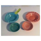 (2) Homer Laughlin China Co Harlequin basket weave nut dishes and (2) basket weave ashtrays