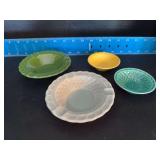 (2) Homer Laughlin China Co Harlequin basket weave nut dishes and (2) basket weave ashtrays