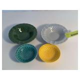 (2) Homer Laughlin China Co Harlequin basket weave nut dishes and (2) basket weave ashtrays