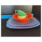 Homer Laughlin China Co Riviera 11.5” platter, 13.5” platter, 8.25” serving bowl and 2 cups
