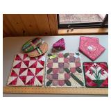 Oven mitts, trivets, sewing bag, centerpieces