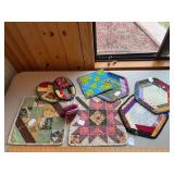 Oven mitts, trivets, sewing bag, centerpieces