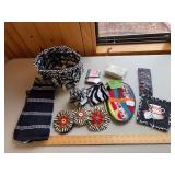 Gift basket w oven mitts, coasters, neck towel, bookmark, brooches, Kleenex holder, koozie, cc holder, bag