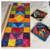 Machine stitched runner and two trivets