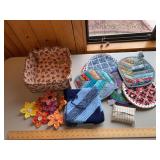 Basket w Kleenex holder, washcloths, trivets, hair bows
