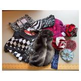 Scarves, jewelry bags, brooches, bookmark, wine bag