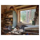 Contents of workbench top and shelves on walls includes miscellaneous hardware, bolts, screws, metal screws, Large hinges etc