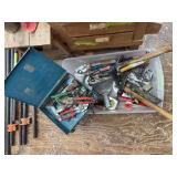 Miscellaneous assortment of hand tools - sheet metal cutters, hammers, tape measure, squares, etc.