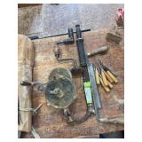 Hand crank sharpener, draw knife, amish hand nail puller, brace, carving chisels