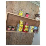 Assortment of stains, small sander, and chemicals ￼