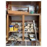 Large assortment of abrasive discs some painting supplies, wooden toolbox, goggles