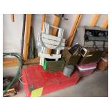 Camping items, including wooden storage boxes, camp chef cook stove, additional cooking items