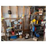 Two small shelving units with contents, includes some shop fluids, toolbox, sprayer, tire chains, jacks