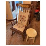 Wooden rocking chair and vintage wood stool