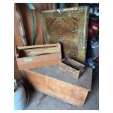 Large wooden box, wooden tool tote, and another small wood box with leather handle