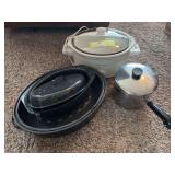 Revere ware pot, Hamilton beach crockpot and two enamel roasters