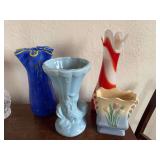 Two art glass vases and Hull tulip vase and cornucopia USA marked vase