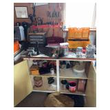 Shop cupboard - all contents inside and on top, plus on pegboard