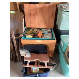 Large toy chest with removable tray, includes LOTS of vintage children’s books and homemade wooden rocking horse