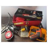 Small assortment of household tool type items, including a Dremel tool, small toolbox, handheld screwdriver, bit assortment