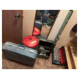 Vintage metal leg stool, set of town craft luggage, slide projector with screen and slides