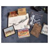 Boise Bee aircraft pencil sketch, cigar boxes, Air Force metal sign, Smith & Wesson tin sign