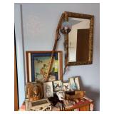 Native American type collectible items, including small table runner, some fossils and rocks, artwork, etc.