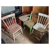 Two wooden straight chairs and a metal vintage desk plus Amish laundry dryer