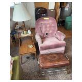 Vintage living room ensemble includes well loved pink armchair, full size 3 cushion sofa, side table with lamp and ottoman