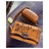 Two tooled leather pieces, purse need some repair