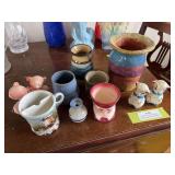 Pottery items, including Toby mug, mustache cup, lamb salt and pepper shakers
