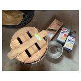 Apple basket, colander, vintage tins, and kraut cutter