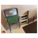 Two metal folding chairs, heavy duty stepstool, and two TV trays