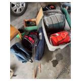 Camping gear, including sleeping bags, lantern, bag chairs, fire camp cookers, helmet, inflatable air mattress