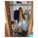 Three pairs boots size 9&8, Carhartt jacket approximately size large, two pairs of goggles and snowmobile suit arctic cat 2XL