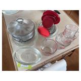 Glass liquid measuring cups and glass storage containers, pie plates, serving dishes
