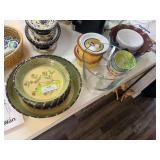 Ceramic items - pasta set with crack, bowls, large glass centerpiece bowl