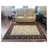 Reclining love seat - fabric, with cup holders and lift storage, cream colored, with cream and maroon 5x7 rug
