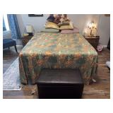 Queen size bed with mattress and boxspring, plus 2 matching double drawer side tables, two table lamps, and storage bench