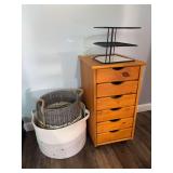 Six drawer wooden cubby shelf and two storage baskets