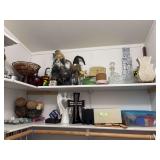 Miscellaneous home decor items, two shelves full
