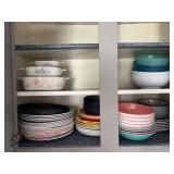 Melamine dinnerware, and three casserole dishes