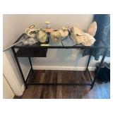 Glass top desk/sofa table with salt lamp, and five pieces of pottery