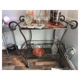 Wrought iron bar cart with decanter and wine holder