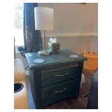 Pair of matching wooden double drawer end tables painted green both with table lamp that has USB port 25 x 16 x 24