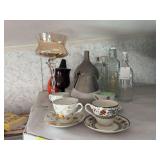 Cups and saucers, some decor items, glassware, ceramics