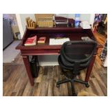Small wooden desk with metal file cabinet and paper shredder