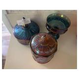 Three pieces blue base carnival glass